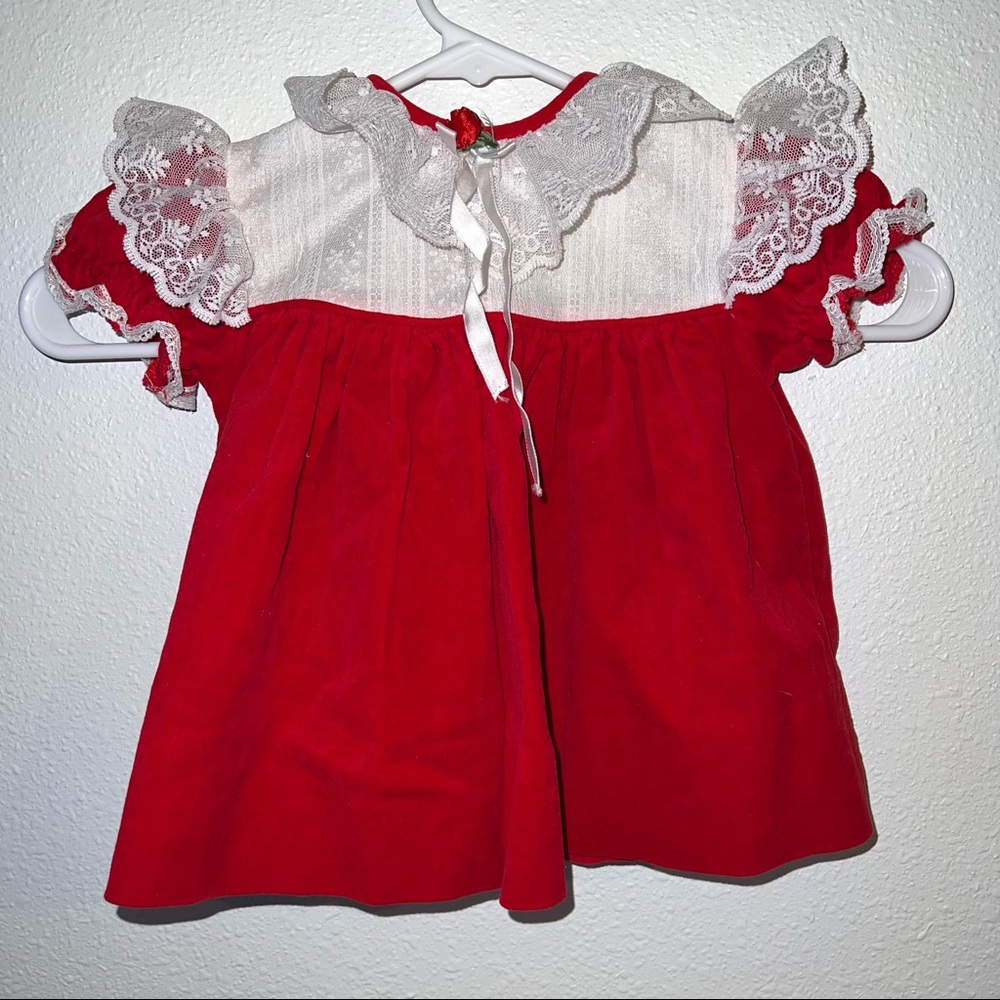 Red Velvet Vintage Baby Girls 12 Mo Dress Childrens White Lace rose holiday Xmas